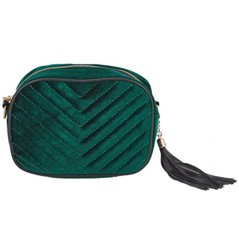 Τσάντα - νεσεσσέρ από βελούδο και διακοσμητική φούντα 18Χ12Χ7cm σε χρώμα πράσινο