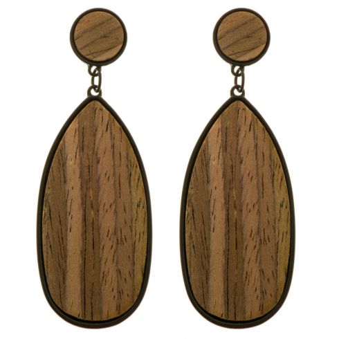 Σκουλαρίκια κρεμαστά με ελλειψοειδές σχήμα (7,5cm), από ξύλο και μέταλλο περιμετρικά, σε χρώμα καφέ