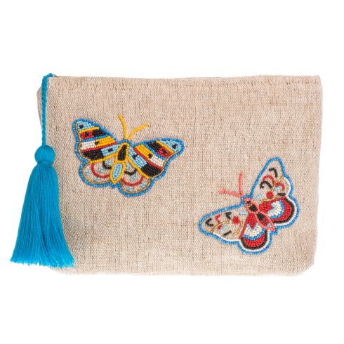 Τσαντάκι χειροποίητο (28x20 cm) από λινάτσα με πολύχρωμες πεταλούδες κεντημένες με χάνδρες & φούντα σε χρώμα γαλάζιο