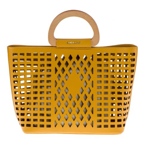 Τσάντα από δερματίνη διάτρητη με γεωμετρικά σχέδια  (26Χ38Χ13cm) με στρογγυλά ξύλινα χερούλια, με εσωτερικό ξεχωριστό πουγκί  και αποσπώμενο λουρί (1,14cm) σε χρώμα κίτρινο