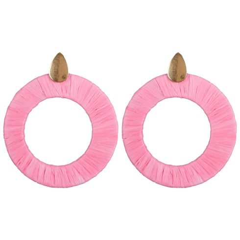 Σκουλαρίκια χειροποίητα, κρεμαστοί κρίκοι με 'raffia' μήκος 8cn και διάμετρο 60mm,σε χρώμα ρόζ