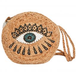 Τσάντα χειροποίητη στρογγυλή χιαστί διαμέτρου 35cm από γιούτα και ύφασμα στο πλάι  με σχέδιο μάτι και διακοσμητικά τρούκς σε χρώμα φυσικό