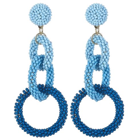 Σκουλαρίκια χειροποίητα πλεκτοί κρεμαστοί κρίκοι από χάνδρες μήκους 8cm σε αποχρώσεις του μπλε