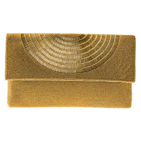 Τσάντα-φάκελος χειροποίητος από σατέν ύφασμα(26χ15cm), κεντημένο με χάνδρες σε χρώμα χρυσό,με εσωτερική τσέπη και αποσπώμενη αλυσίδα (120cm),σε χρώμα χρυσό