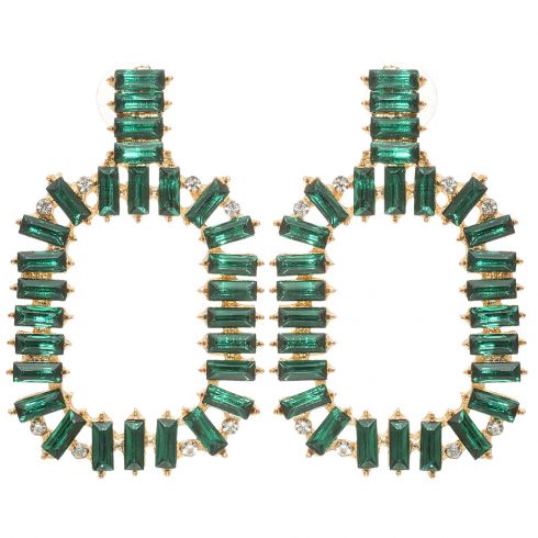 Σκουλαρίκια μεταλλικά ορθογώνιοι κρίκοι από κρύσταλλα και στράς, μήκους 6cm, σε χρώμα πράσινο.
