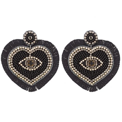 Σκουλαρίκια χειροποιήτα από χάνδρες και κρόσσια με σχέδιο καρδιά μήκους 7,5cm σε χρώμα μαύρο
