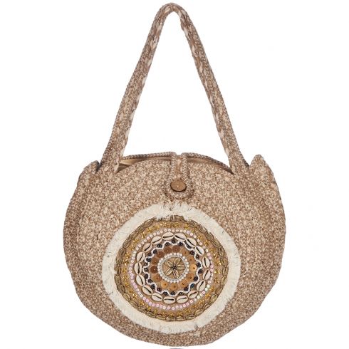Τσάντα χειροποίητη απο γιούτα, κυκλική, διαμέτρου 42cm,  διακοσμημένη με χάνδρες,πούλιες & κοχύλια, σε χρώμα μπέζ/χρυσό