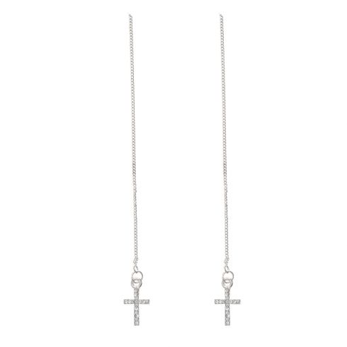 Σκουλαρίκια κρεμαστά με αλυσίδες & μεταλλικούς σταυρούς με στρας, συνολικού μήκους 8cm, σε χρώμα ασημί