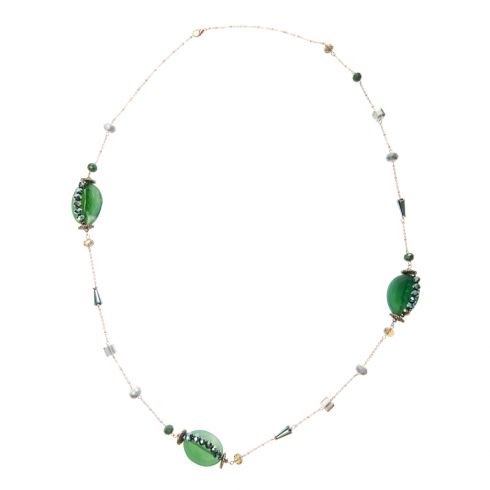 Κολιέ χειροποίητο  μακρύ με αλυσίδα,κρύσταλλα & πέτρες (μήκους 110cm)  σε χρώμα πράσινο