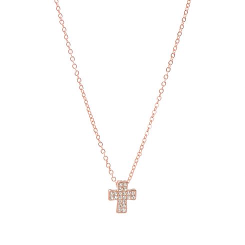 Μενταγιόν με αλυσιδάκι & μεταλλικό στοιχείο σταυρός με στρας σε χρώμα ροζ χρυσό