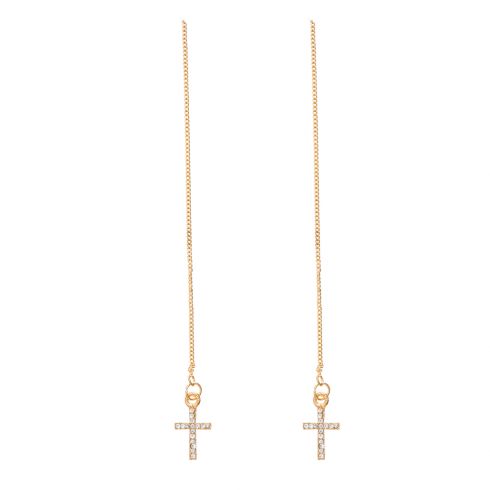 Σκουλαρίκια κρεμαστά με αλυσίδες & μεταλλικούς σταυρούς με στρας, συνολικού μήκους 8cm, σε χρώμα χρυσό