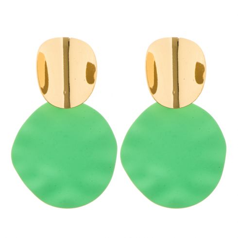 Σκουλαρίκια κρεμαστοί κυμματιστοί δίσκοι(6cm) και μεταλλική καμπυλωτή λεπτομέρεια ,σε χρώμα πράσινο