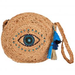Τσάντα χειροποίητη στρογγυλή χιαστί διαμέτρου 35cm από γιούτα με σχέδιο μάτι σε χρώμα φυσικό