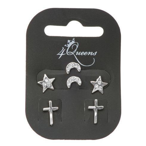 Σκουλαρίκια μεταλλικά με σχήμα αστέρι, φεγγάρι & σταυρό σε σετ των 3 ζευγαριών & χρώμα ασημί