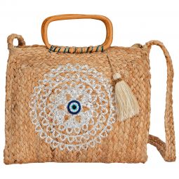 Τσάντα χειροποίητη χιαστί (33Χ25cm) από γιούτα με ξύλινα χερούλια,διακοσμητική φούντα και σχέδιο μάτι σε χρώμα φυσικό και ασημί