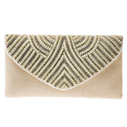 Τσάντα-φάκελος χειροποίητος από λινάτσα(25χ13cm), κεντημένο καπάκι με κρύσταλλα και πέρλες, με εσωτερική και εξωτερική τσέπη και αποσπώμενη αλυσίδα(120cm), σε χρώμα μπεζ