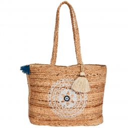 Τσάντα χειροποίητη ώμου (44Χ28Χ16cm) από γιούτα με σχέδιο μάτι και διακοσμητική φούντα σε χρώμα φυσικό και ασημί