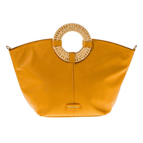 Τσάντα από δερματίνη(50Χ29Χ15cm), με στρογγυλά χερούλια από ψάθα,εσωτρικές τσέπες και αποσπώμενο αυξομειούμενο λουράκι από δερματίνη(105cm) ,σε χρώμα κίτρινο