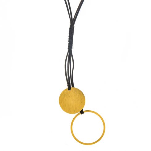 Κολιέ χειροποιήτο από διπλό κορδόνι σουέτ με δύο στρογγυλά μεταλλικά στοιχεία μήκους 89cm σε χρώμα μαύρο και χρυσό