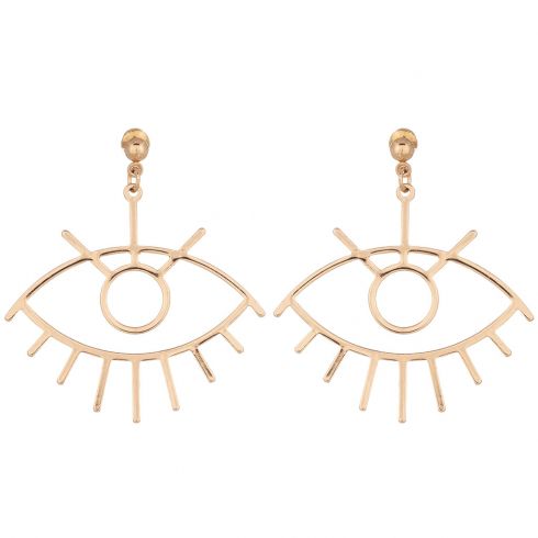 Σκουλαρίκια μεταλλικά καρφωτά με σχέδιο μάτι, μήκους 5cm, σε χρώμα χρυσό.