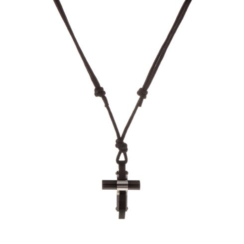 Μενταγιόν με κορδόνι αυξομειούμενο και μοτίφ απο ατσάλι σε σχήμα σταυρού,ύψους 3,5 cm σε χρώμα ασημί και μαύρο