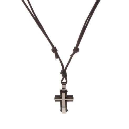 Μενταγιόν με κορδόνι αυξομειούμενο και μοτίφ απο ατσάλι σε σχήμα σταυρού,ύψους 3cm σε χρώμα ασημί και μαύρο