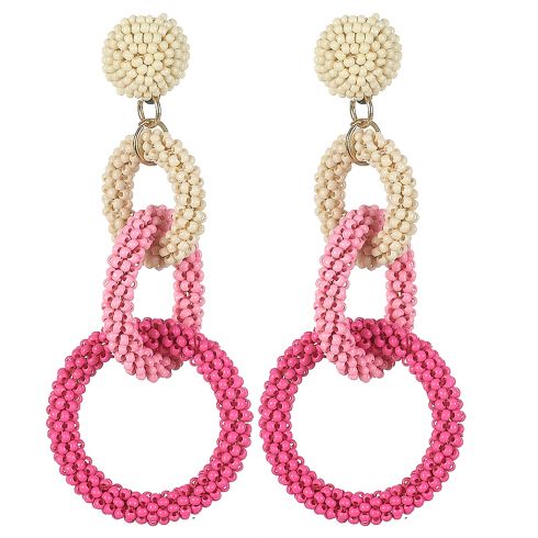 Σκουλαρίκια χειροποίητα πλεκτοί κρεμαστοί κρίκοι από χάνδρες μήκους 8cm σε αποχρώσεις του ροζ