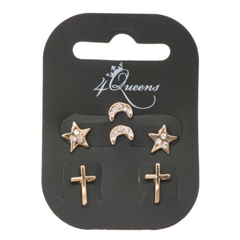 Σκουλαρίκια μεταλλικά με σχήμα αστέρι, φεγγάρι & σταυρό σε σετ των 3 ζευγαριών & χρώμα χρυσό