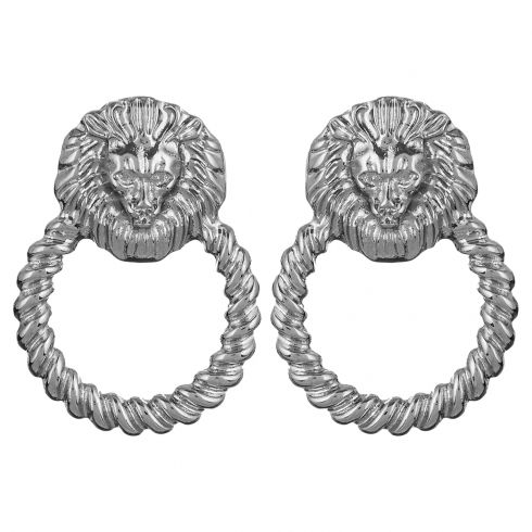 Σκουλαρίκια τρυπητά ασημί με σχέδιο κρίκο και λιοντάρι μήκους 5cm