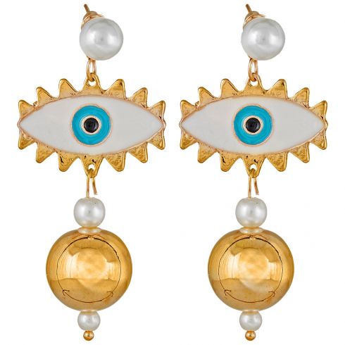 Σκουλαρίκια χειροποιήτα με σχέδιο μάτι με πέρλα και κρεμαστή μεταλλική μπίλια μήκους 6cm σε χρώμα χρυσό