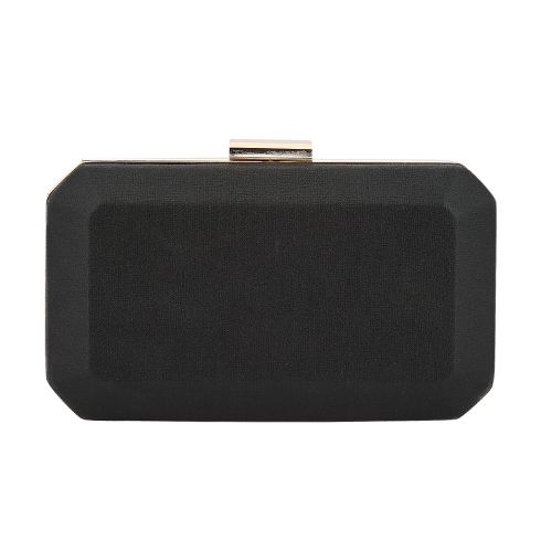 Τσαντάκι clutch ( 21cm x 12cm x 5cm) από γυαλιστερό ύφασμα ,ορθογώνιο πολυγωνικό,με μεταλλικό κούμπωμα και extra αλυσίδα 120cm,(σε προστατευτική θήκη-non woven) σε χρώμα μαύρο