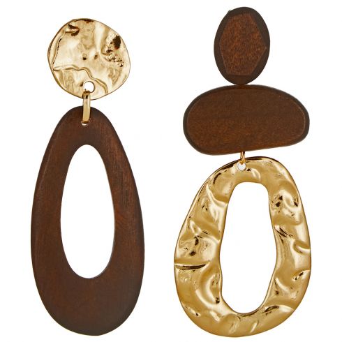 Σκουλαρίκια χειροποίητα από ξύλο και μέταλλο μήκους 10,5cm σε χρώμα καφέ /χρυσό
