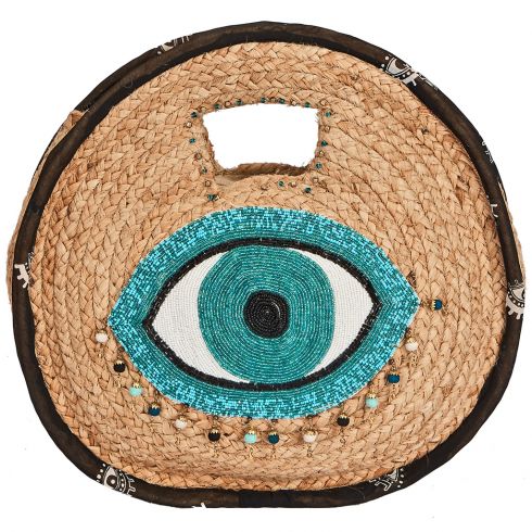 Τσάντα χειροποίητη στρογγυλή  διαμέτρου 41cm από γιούτα με σχέδιο μάτι από χάνδρες σε χρώμα φυσικό