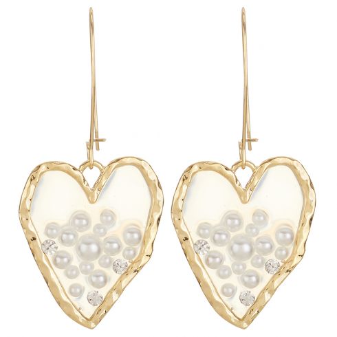 Σκουλαρίκια μεταλλικά κρεμαστά (6,5cm) ,με σχέδιο καρδιά διακοσμημένη με πέρλες και στρας, σε χρώμα χρυσό