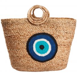 Τσάντα χειροποίητη από γιούτα με ξύλινα χερούλια και στρογγυλό μάτι (45Χ32Χ15) σε χρώμα μπέζ μπέζ
