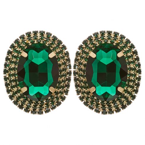 Σκουλαρίκια μεταλλικά καρφωτά οβάλ από κρύσταλλα και στράς, μήκους 4cm, σε χρώμα πράσινο.