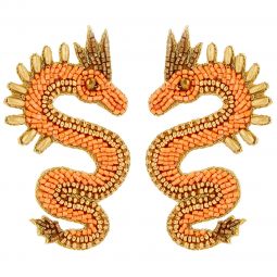 Σκουλαρίκια χειροποίητα από χάνδρες σε σχήμα δράκου, μήκους 7,5cm, σε χρώμα πορτοκαλί.