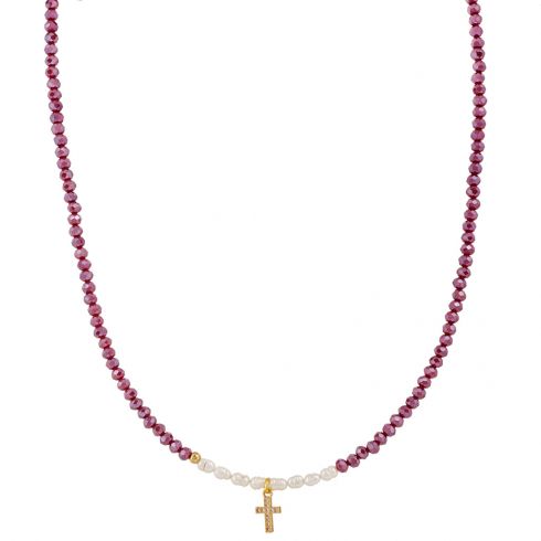 Κολιέ από κρύσταλλο,πέρλα και ένα διακοσμητικό σταυρό (μήκους 44cm),προέκταση αλυσίδας σε χρώμα κόκκινο