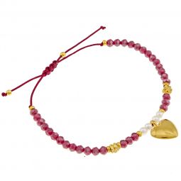 Βραχιόλι χειροποιήτο αυξομειούμενο από κρυσταλλάκια,πέρλες και κρεμαστή καρδιά σε χρώμα κόκκινο