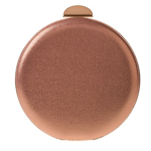 Τσαντάκι clutch στρογγυλό , από γυαλιστερή δερματίνη (διάμετρο 15cm  χ 5cm & extra αλυσίδα 120cm) μεταλλικό  κούμπωμα, χρώμα ρόζ-gold ,προστατευτική θήκη-non woven)