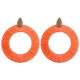 Σκουλαρίκια χειροποίητα, κρεμαστοί κρίκοι με 'raffia' μήκος 8cn και διάμετρο 60mm,σε χρώμα πορτοκαλί