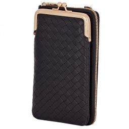 Θήκη κινητού - πορτοφόλι από δερματίνη με σχέδιο ψαθωτό 18cm X10cm σε χρώμα μαύρο